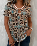 Leopard Print Vintage Turquoise Cross Print Cutout Short Sleeve Tee