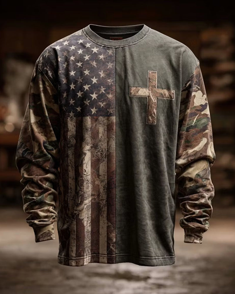 Camouflage Stitching Stars And Stripes Cross Old Men's Long Sleeve T-Shirt