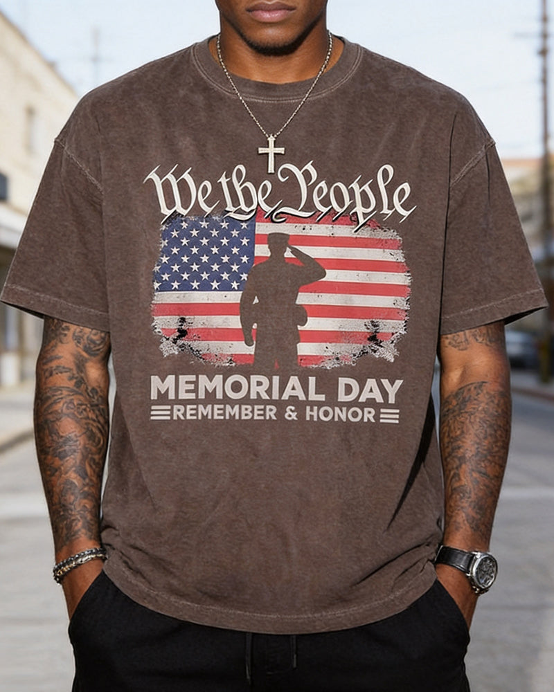 US Memorial Day We The People Soldier Silhouette Flag Print Round Neck Short Sleeve Tee