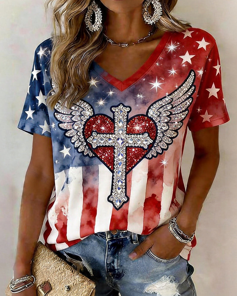 American Flag Wings Cross Rhinestone Print V-Neck Short Sleeve Tee