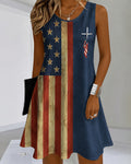 Stars And Stripes Patchwork Cross Printed Crewneck Sleeveless Mini Dress