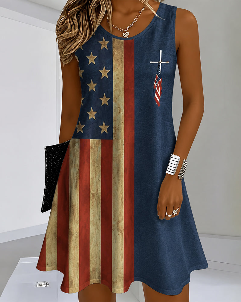 Stars And Stripes Patchwork Cross Printed Crewneck Sleeveless Mini Dress