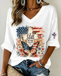 Vintage American Flag Wood Cross Flag Butterfly Print V-Neck 4/3 Sleeve Long Loose Tee
