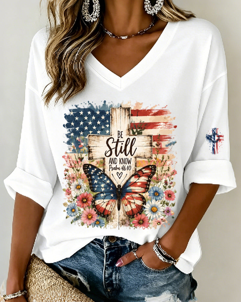 Vintage American Flag Wood Cross Flag Butterfly Print V-Neck 4/3 Sleeve Long Loose Tee