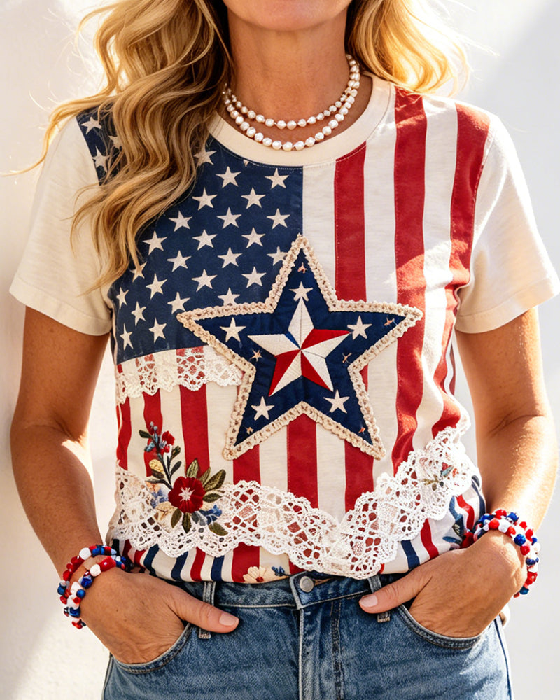 American Flag Lace Patchwork Stars Floral Print Short Sleeve Tee