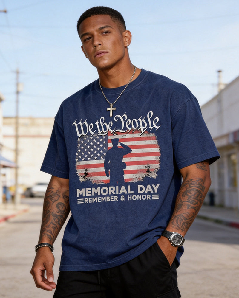 US Memorial Day We The People Soldier Silhouette Flag Print Round Neck Short Sleeve Tee