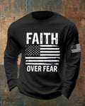 FAITH OVER FEAR Distressed Flag Print Men's Long Sleeve T-shirt