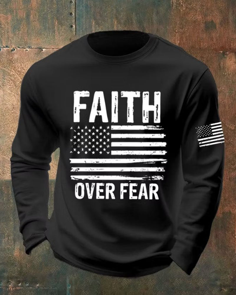 FAITH OVER FEAR Distressed Flag Print Men's Long Sleeve T-shirt