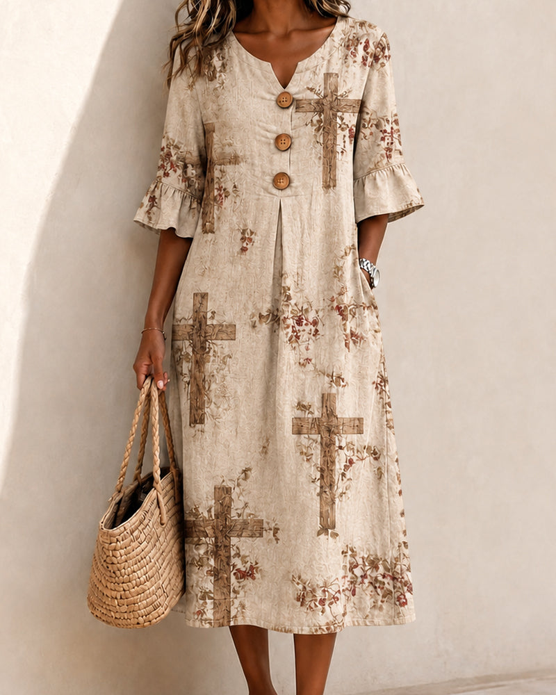 Old Wood Cross Floral V-Neck Wood Buckle Midi Dress