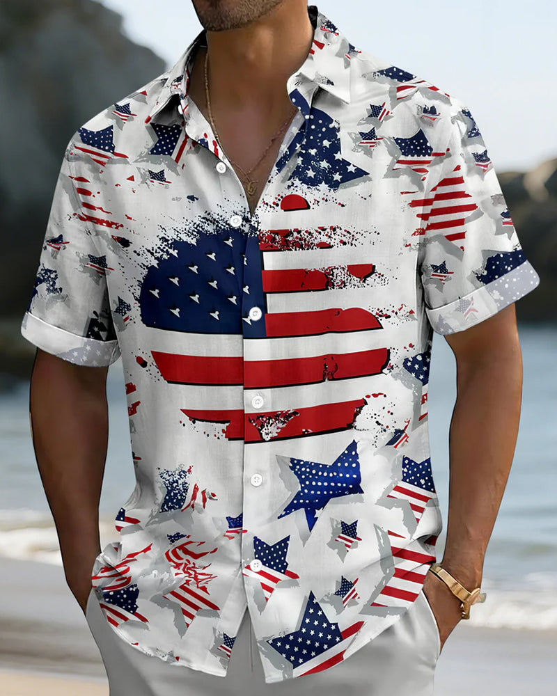 Stars American Flag Full Print Casual Short Sleeve Shirt