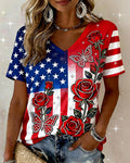 American Flag Rose Butterfly Rhinestone Print V-Neck Short-Sleeve T-Shirt