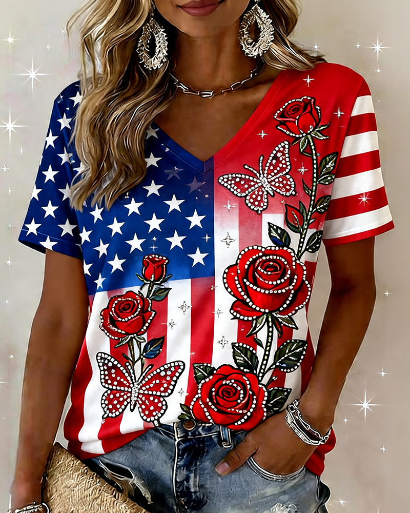 American Flag Rose Butterfly Rhinestone Print V-Neck Short-Sleeve T-Shirt