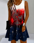 Star Rose Butterfly Cross Striped Print Round Neck Sleeveless Mini Dress
