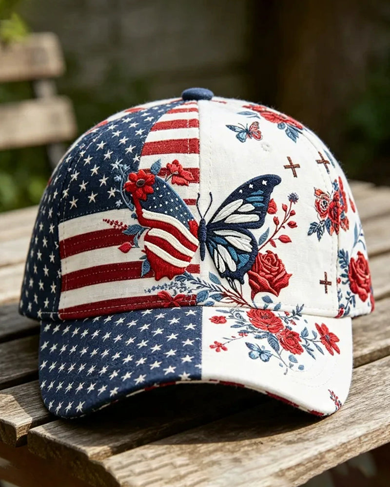 Half Star Bar Half Floral Butterfly Cross Embroidered American Baseball Cap