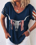 Western Flag Cow Skull Printed Navy Blue V-Neck Short Sleeve T-Shirt