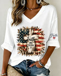 Leopard Star-Spangled Flag Faith Text Cross Sleeve Love Print V-Neck 4/3 Sleeve Long Loose T-Shirt
