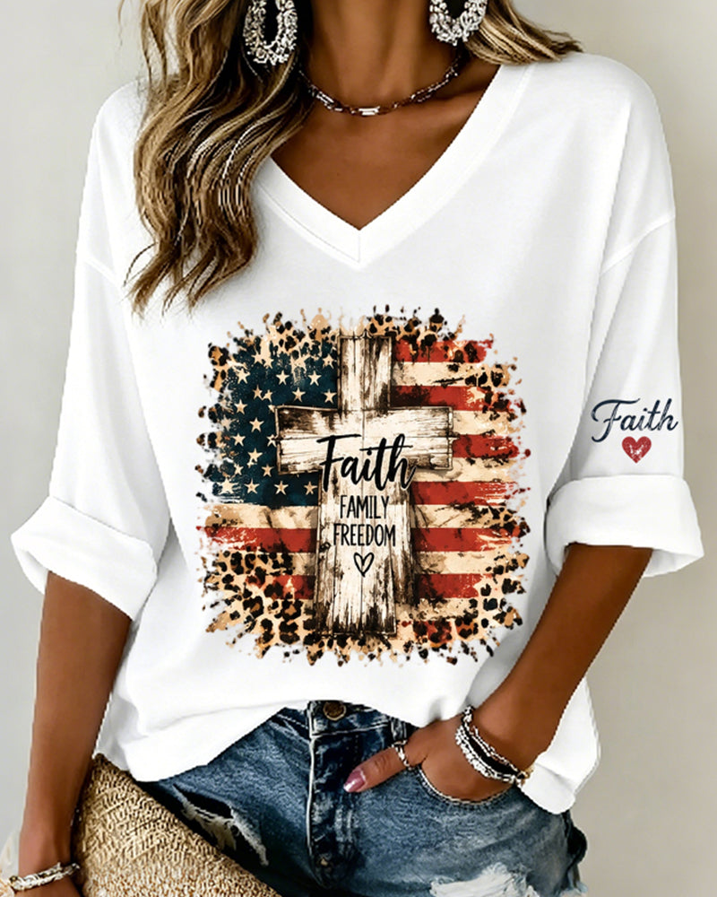 Leopard Star-Spangled Flag Faith Text Cross Sleeve Love Print V-Neck 4/3 Sleeve Long Loose T-Shirt