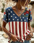 Dressed Stars And Stripes Floral Embroidery Stitched V-Neck Short Sleeve T-Shirt