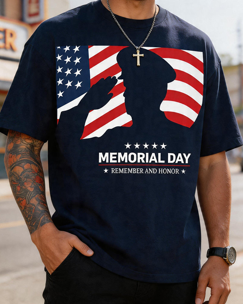U.S. Memorial Day Soldier Silhouette Flag Print Crewneck Short-Sleeve T-Shirt