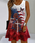 Stars And Stripes Rose Butterfly Cross Gradient Print Round Neck Sleeveless Mini Dress