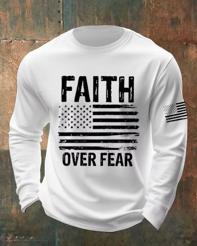 FAITH OVER FEAR Distressed Flag Print Men's Long Sleeve T-shirt