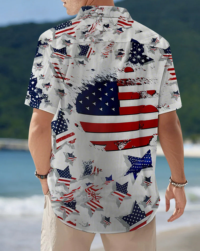 Stars American Flag Full Print Casual Short Sleeve Shirt