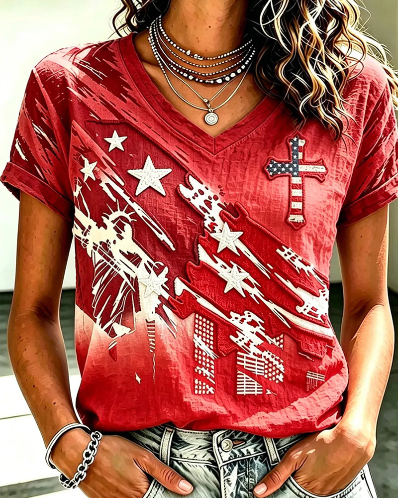 Independence Day Gradient Stars And Stripes Five-pointed Star Flag Cross V-Neck Short-sleeved T-shirt