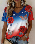 American Flag Gradient Rose Butterfly Rhinestone Print V-Neck Short Sleeve Tee