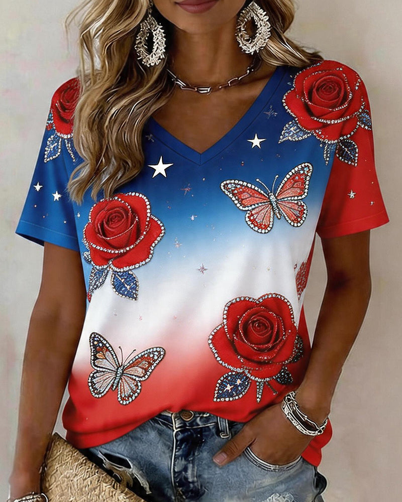 American Flag Gradient Rose Butterfly Rhinestone Print V-Neck Short Sleeve Tee