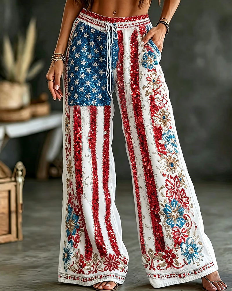 Star-Strip Vintage Floral-Print Trousers