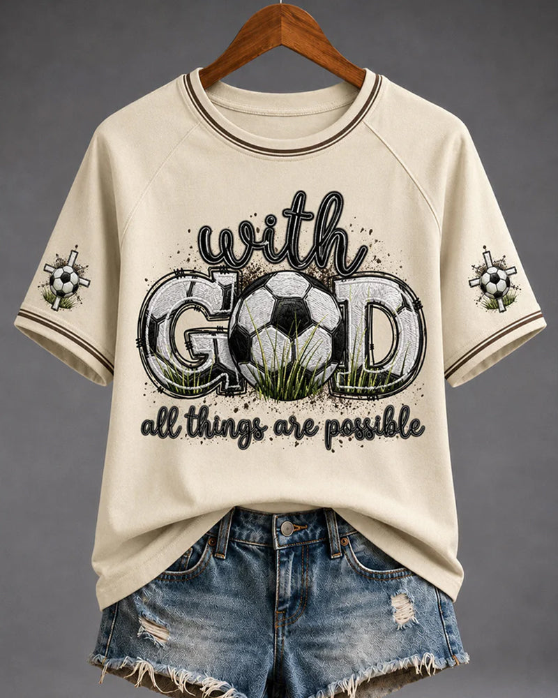 Lawn Football WITH GOD Letter Print Casual Round Neck Short Sleeve T-Shirt