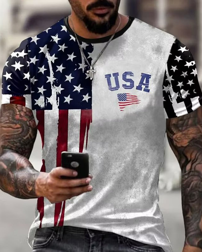 Old Style American Flag USA Letter Print Men's Short Sleeve T-shirt