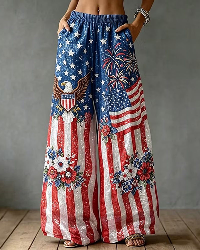 White Head Sea Eagle Flag Fireworks Floral Print Trousers