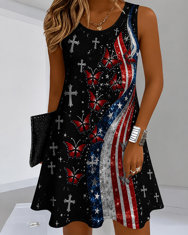 Star Stripe Butterfly Cross Printed Crewneck Sleeveless Mini Dress