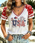 USA Alphabet Flag Fireworks Elements Red And White Colorblock V-Neck Short Sleeve T-Shirt