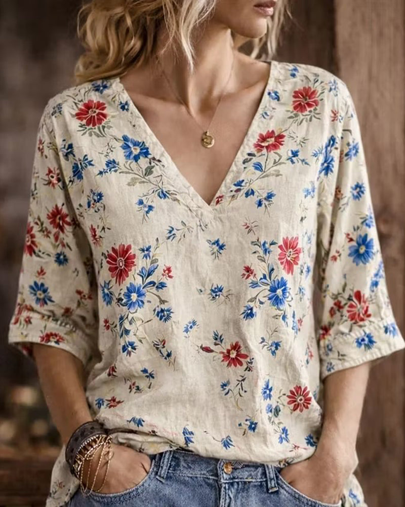 Vintage Red And Blue Floral V-neck Cropped Top