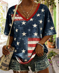 Five-pointed Star Flag Red V-neck Short-sleeve T-shirt