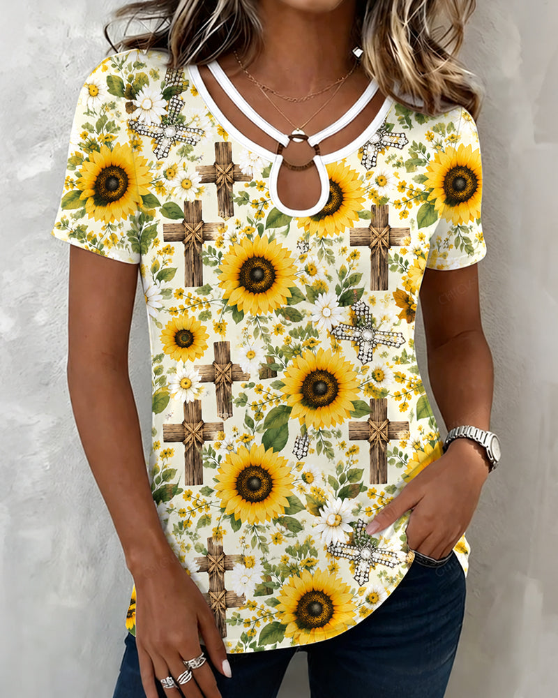 Sunflower Wood Cross Floral Print Cutout Short Sleeve Tee