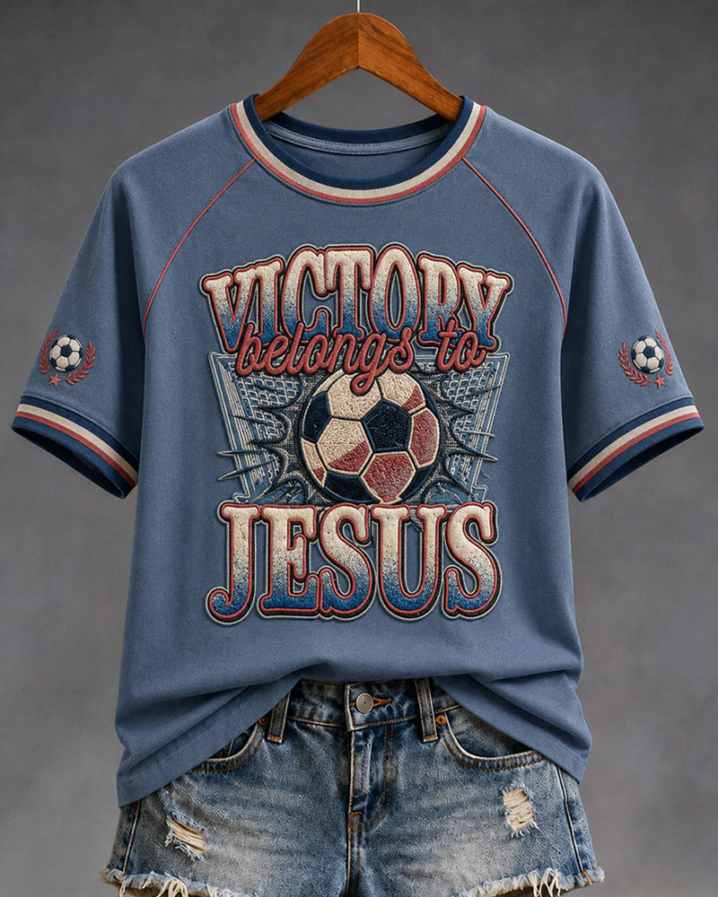Gradient Alphabet VICTORY Belongs To JESUS Football Colour Print Casual Round Neck Short Sleeve T-Shirt