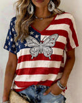 American Flag Striped Rhinestone Butterfly Print V-Neck Short Sleeve Tee