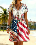 Flag Floral Patchwork Print V-Neck Short Sleeve Casual Short Dress