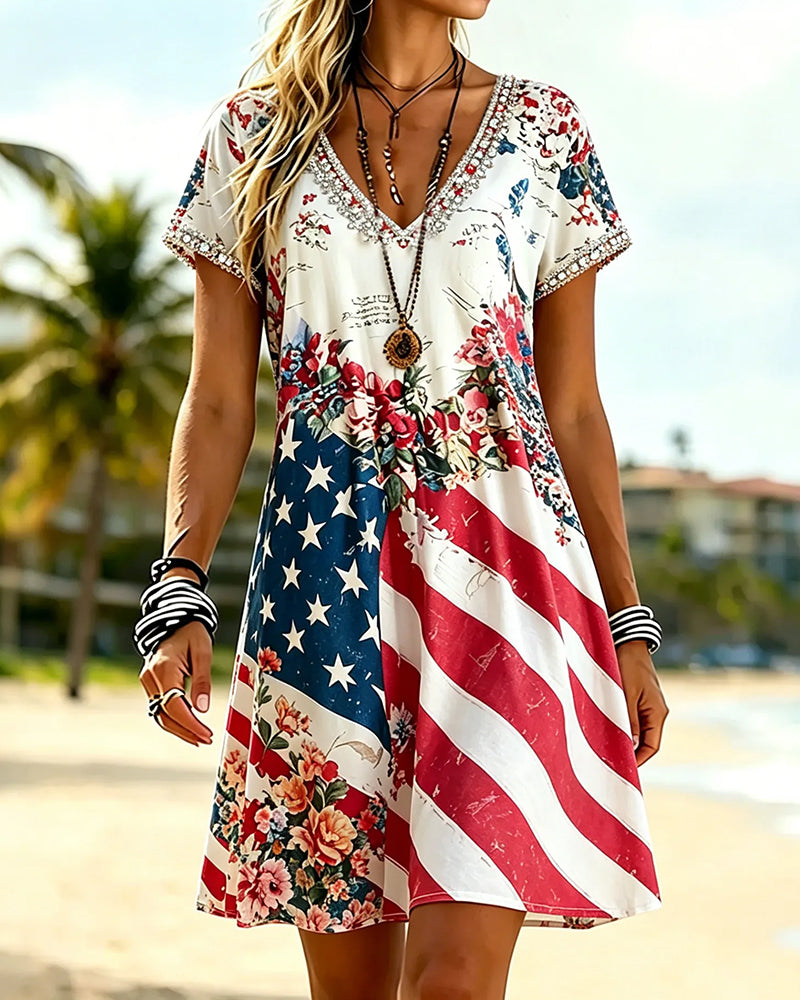 Flag Floral Patchwork Print V-Neck Short Sleeve Casual Short Dress