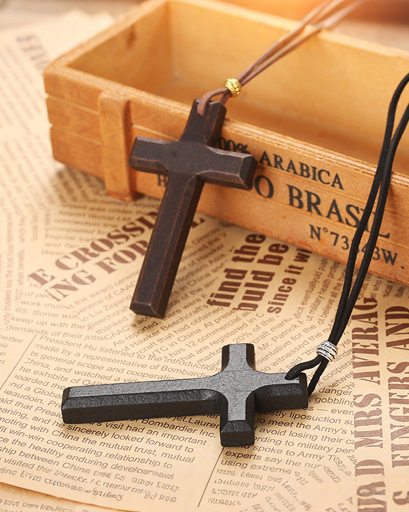 Vintage Handmade Double Layer Alloy Wood Cross Couple Necklace Car Hanging Accessories