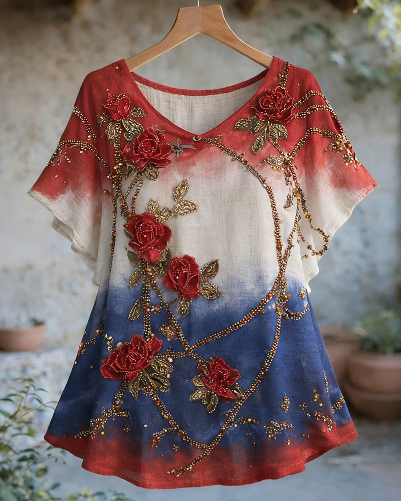 Red And Blue Gradient Rose Beaded Embroidery Ethnic V-neck Short Sleeve Top