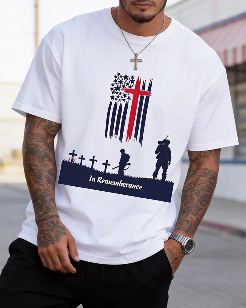 US Memorial Day Cross Flag Soldier Silhouette Print Crewneck Short Sleeve Tee
