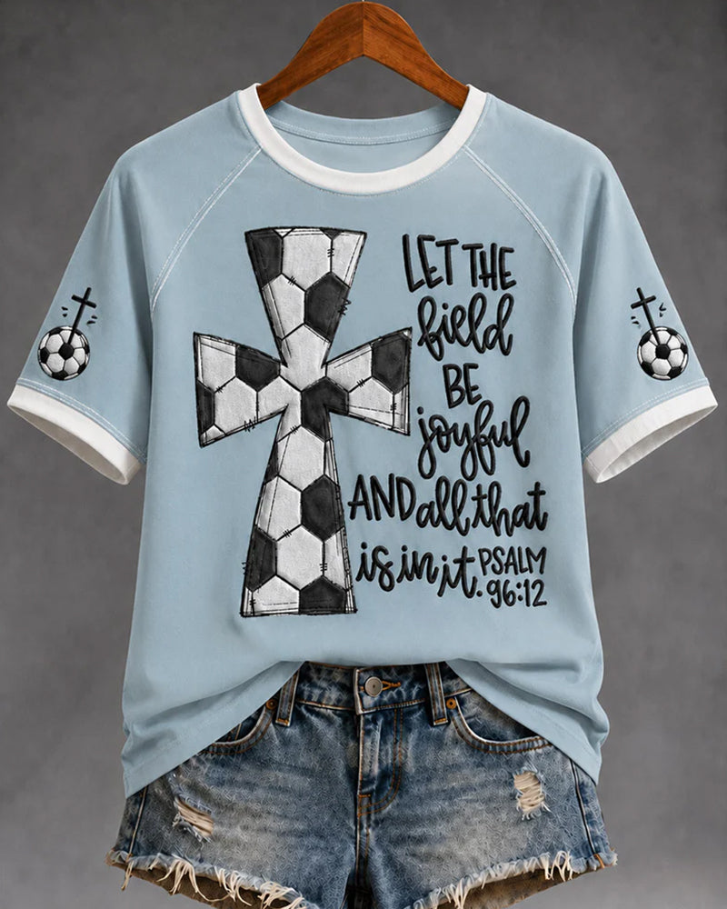 Football Stitching Cross Psalm Verse Printed Casual Round Neck Short Sleeve T-Shirt
