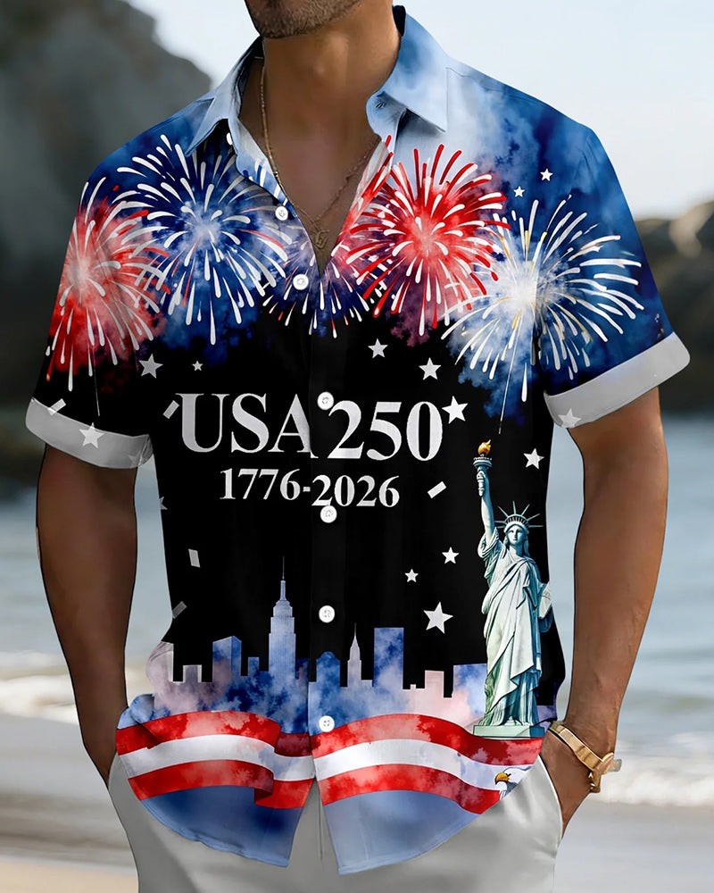 USA 250 Anniversary Fireworks Liberty Print Short Sleeve Shirt
