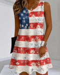 Stars And Stripes Floral Cross Printed Round Neck Sleeveless Mini Dress