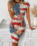 Vintage Flag Butterfly Flower USA Diamond Tight Waist Kink Slim Midi Dress