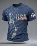 Old Washed Blue Liberty USA Stars And Stripes Printed Short Sleeve Tee